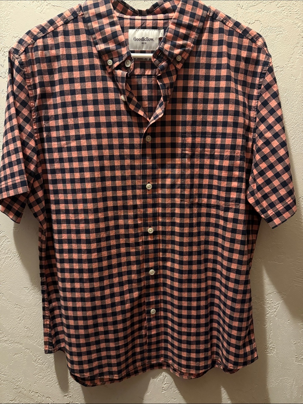 Goodfellow & Co Coral and Navy Short-Sleeve Button-Down Check Size Mens Large